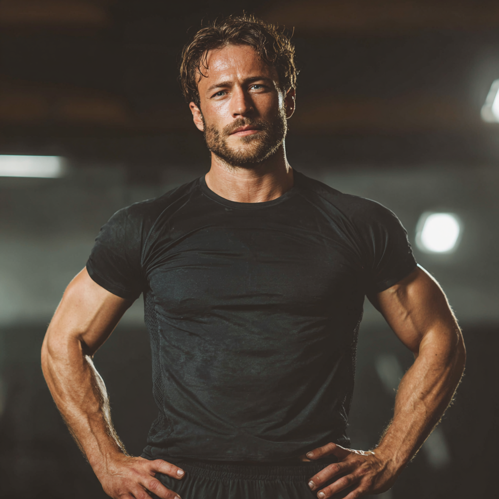 Confident muscular man in gym setting with determined expression and athletic pose