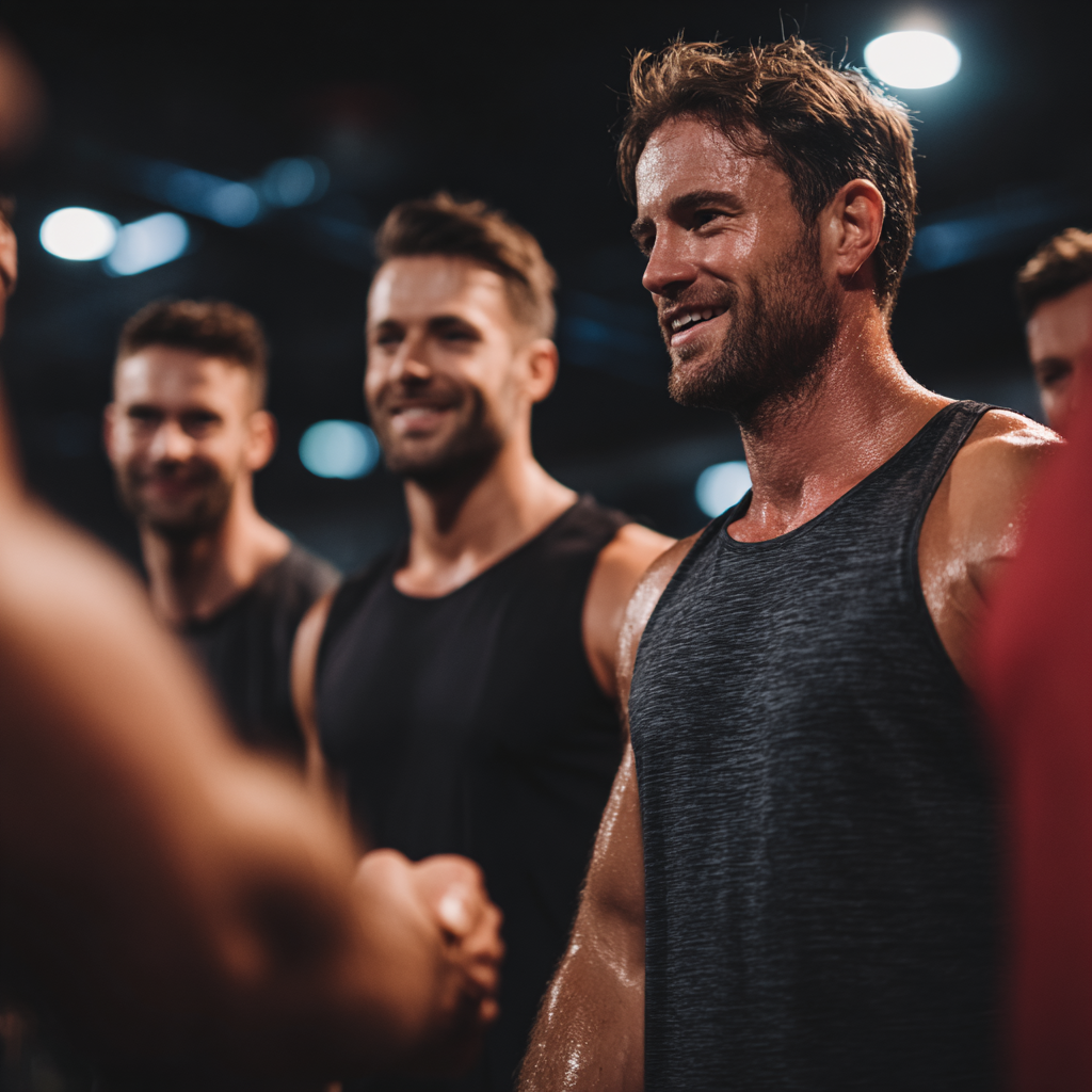 Group of motivated men supporting each other during challenging workout in modern gym